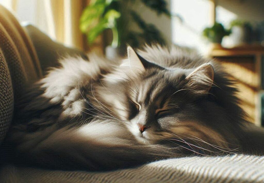 beau chat qui dort sur un canapé dans un salon libre de droit