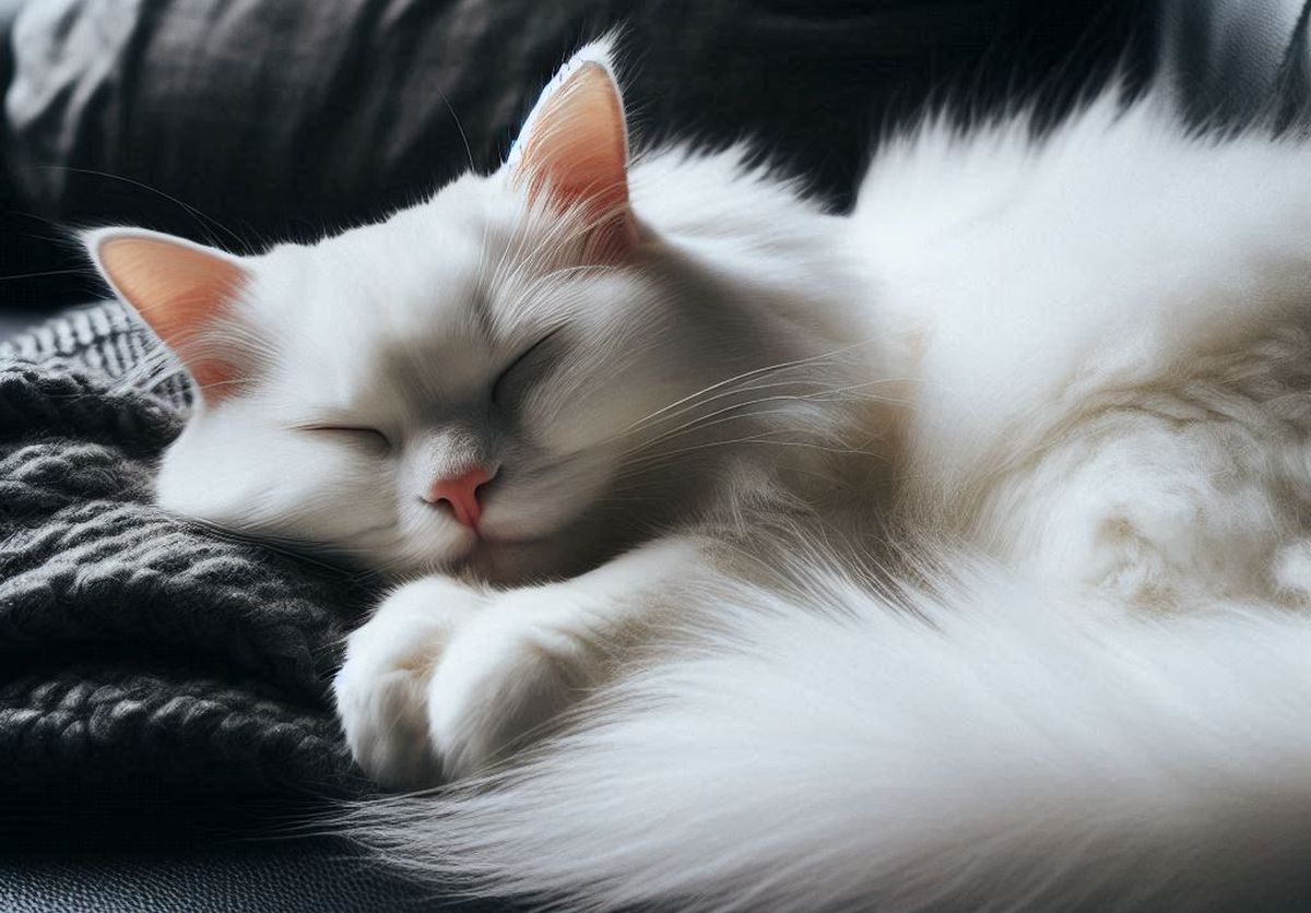 chat blanc sur un canapé noir