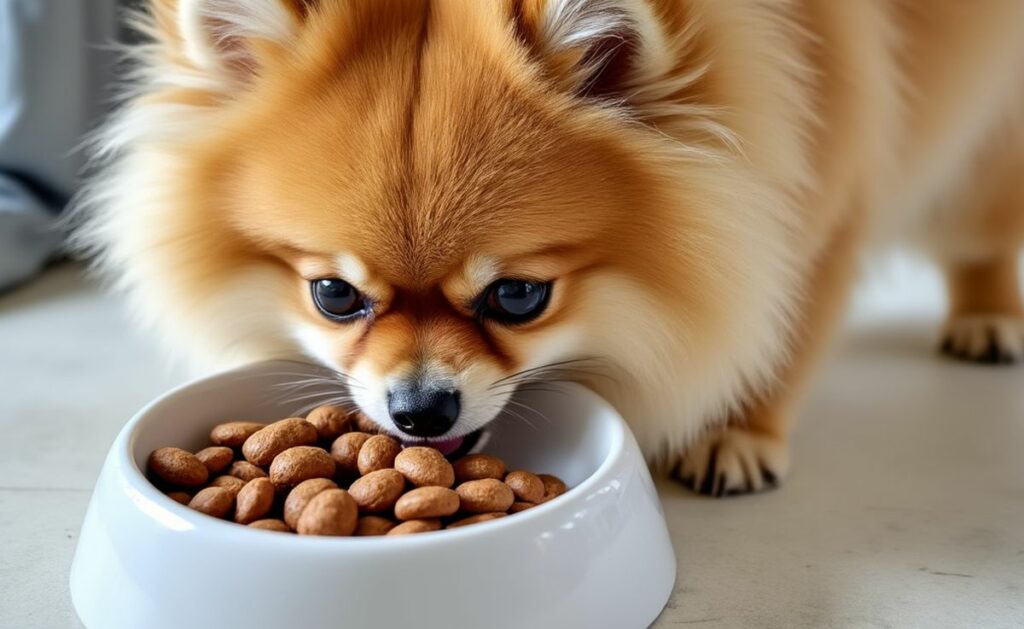 Chien Spitz nain qui mange des croquettes